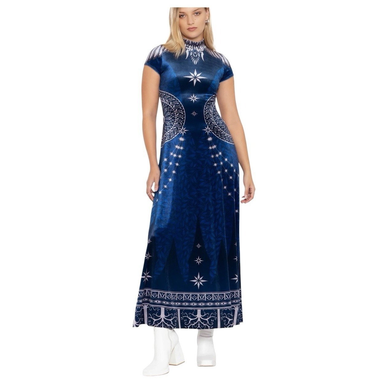 New Black Milk King Of Gondor Blue High Neck Velvet Maxi Dress Sz Medium